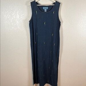 Jane Ashley Denim Embroidered Dragon Flies Sequin Beaded Dress Size Large